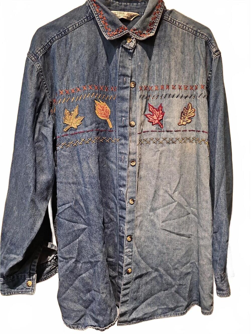 Victorias Jones Women Denim Button Up Embroidered Fall Theme Women's 1X